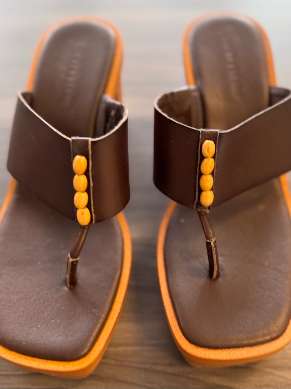 Size 8.5 Lucky Brand Brown Thong Sandals with Yellow Bead Accents